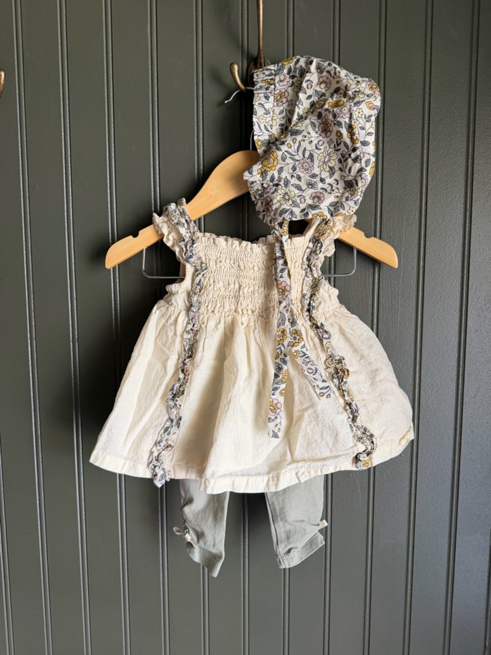 Cream Baby Dress with Floral Trim, Pants and Matching Bonnet